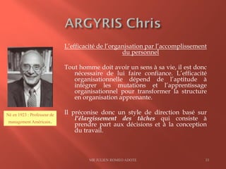 L’efficacité de l’organisation par l’accomplissement
du personnel
Tout homme doit avoir un sens à sa vie, il est donc
nécessaire de lui faire confiance. L’efficacité
organisationnelle dépend de l’aptitude à
intégrer les mutations et l’apprentissage
organisationnel pour transformer la structure
en organisation apprenante.
Il préconise donc un style de direction basé sur
l’élargissement des tâches qui consiste à
prendre part aux décisions et à la conception
du travail.
MR JULIEN ROMEO ADOTE 33
Né en 1923 : Professeur de
management Américain.
 