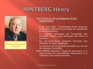 Les 4 facteurs de contingence d’une
organisation
- L’âge et la taille : l’ancienneté d’une structure
et sa taille influencent son degré de complexité
et son formalisme.
- Le système technique est l’ensemble des
procédés utilisés pour fabriquer des biens et
services.
- Un environnement complexe nécessite une
structure de type organique.
- Le pouvoir est en général centralisé au niveau
du sommet, formalisé.
MINTZBERG identifie 7 types de structures et 5
mécanismes de coordination nécessaires à la
cohérence des actions menées.
MR JULIEN ROMEO ADOTE 39
Professeur de management
à Montréal
 