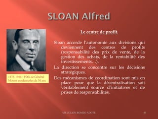 Le centre de profit.
Sloan accorde l’autonomie aux divisions qui
deviennent des centres de profits
(responsabilité des prix de vente, de la
gestion des achats, de la rentabilité des
investissements…).
La direction se concentre sur les décisions
stratégiques.
Des mécanismes de coordination sont mis en
place pour que la décentralisation soit
véritablement source d’initiatives et de
prises de responsabilités.
MR JULIEN ROMEO ADOTE 44
1875-1986 : PDG de Général
Motors pendant plus de 30 ans
 
