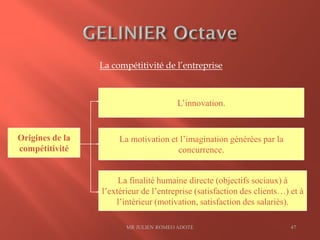 La compétitivité de l’entreprise
MR JULIEN ROMEO ADOTE 47
Origines de la
compétitivité
L’innovation.
La motivation et l’imagination générées par la
concurrence.
La finalité humaine directe (objectifs sociaux) à
l’extérieur de l’entreprise (satisfaction des clients…) et à
l’intérieur (motivation, satisfaction des salariés).
 