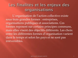 L’organisation de l’action collective existe
sous trois grandes formes : entreprises,
organisations publiques et associations. Ces
formes reposent sur certains principes communs,
mais elles visent des objectifs différents. Les choix
entre les différentes formes d’organisation varient
dans le temps et selon les pays et ne sont pas
irréversibles.
MR JULIEN ROMEO ADOTE 5
 