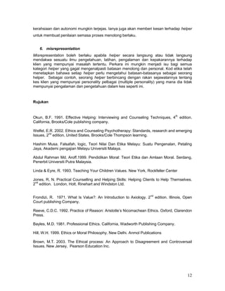 kerahsiaan dan autonomi mungkin terjejas. Ianya juga akan memberi kesan terhadap helper
untuk membuat penilaian semasa proses menolong berlaku.

6. misrepresentation
Misrepresentation boleh berlaku apabila helper secara langsung atau tidak langsung
mendakwa sesuatu ilmu pengetahuan, latihan, pengalaman dan kepakarannya terhadap
klien yang mempunyai masalah tertentu. Perkara ini mungkin menjadi isu bagi semua
kategori helper yang gagal mengenalpasti batasan menolong dan personal. Kod etika telah
menetapkan bahawa setiap helper perlu mengetahui batasan-batasanya sebagai seorang
helper. Sebagai contoh, seorang helper berbincang dengan rakan sejawatannya tentang
kes klien yang mempunyai personality pelbagai (multiple personality) yang mana dia tidak
mempunyai pengalaman dan pengetahuan dalam kes seperti ini.

Rujukan

Okun, B.F. 1991. Effective Helping: Interviewing and Counseling Techniques, 4th edition.
California, Brooks/Cole publishing company.
Welfel, E.R. 2002. Ethics and Counseling Psychotherapy: Standards, research and emerging
Issues, 2nd edition, United States, Brooks/Cole Thompson learning.
Hashim Musa. Falsafah, logic, Teori Nilai Dan Etika Melayu: Suatu Pengenalan, Petaling
Jaya, Akademi pengajian Melayu Universiti Malaya.
Abdul Rahman Md. Aroff.1999. Pendidikan Moral: Teori Etika dan Amlaan Moral. Serdang,
Penerbit Universiti Putra Malaysia.
Linda & Eyre, R. 1993. Teaching Your Children Values. New York, Rockfeller Center
Jones, R. N. Practical Counselling and Helping Skills: Helping Clients to Help Themselves.
2nd edition. London, Holt, Rinehart and Windston Ltd.
Frondizi, R. 1971. What Is Value?: An Introduction to Axiology. 2nd edition. Illinois, Open
Court publishing Company.
Reeve, C.D.C. 1992. Practice of Reason: Aristotle‟s Nicomachean Ethics. Oxford, Clarendon
Press.
Bayles, M.D. 1981. Professional Ethics. California, Wadworth Publishing Company.
Hill, W.H. 1999. Ethics or Moral Philosophy. New Delhi. Anmol Publications
Brown, M.T. 2003. The Ethical process: An Approach to Disagreement and Controversail
Issues. New Jersey, Pearson Education Inc.

12

 