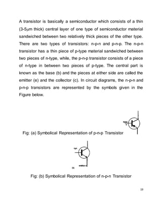 19
A transistor is basically a semiconductor which consists of a thin
(3-5m thick) central layer of one type of semiconductor material
sandwiched between two relatively thick pieces of the other type.
There are two types of transistors: n-p-n and p-n-p. The n-p-n
transistor has a thin piece of p-type material sandwiched between
two pieces of n-type, while, the p-n-p transistor consists of a piece
of n-type in between two pieces of p-type. The central part is
known as the base (b) and the pieces at either side are called the
emitter (e) and the collector (c). In circuit diagrams, the n-p-n and
p-n-p transistors are represented by the symbols given in the
Figure below.
Fig: (a) Symbolical Representation of p-n-p Transistor
Fig: (b) Symbolical Representation of n-p-n Transistor
 