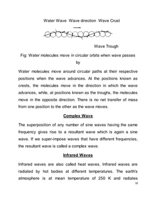 10
Water Wave Wave direction Wave Crust
Wave Trough
Fig: Water molecules move in circular orbits when wave passes
by
Water molecules move around circular paths at their respective
positions when the wave advances. At the positions known as
crests, the molecules move in the direction in which the wave
advances, while, at positions known as the troughs, the molecules
move in the opposite direction. There is no net transfer of mass
from one position to the other as the wave moves.
Complex Wave
The superposition of any number of sine waves having the same
frequency gives rise to a resultant wave which is again a sine
wave. If we super-impose waves that have different frequencies,
the resultant wave is called a complex wave.
Infrared Waves
Infrared waves are also called heat waves. Infrared waves are
radiated by hot bodies at different temperatures. The earth's
atmosphere is at mean temperature of 250 K and radiates
 