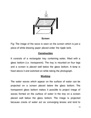 13
Screen
Fig: The image of the wave is seen on the screen which is just a
piece of white drawing paper placed under the ripple tank.
Construction
It consists of a rectangular tray containing water, fitted with a
glass bottom (i.e. transparent). The tray is mounted on four legs
and a screen is placed well below the glass bottom. A lamp is
fixed above it and switched on while taking the photograph.
Working
The water waves which appear on the surface of water can be
projected on a screen placed below the glass bottom. The
transparent glass bottom makes it possible to project image of
waves formed on the surface of water in the tray on a screen
placed well below the glass bottom. The image is projected
because crests of water act as converging lenses and tend to
 