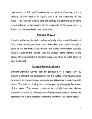8
one second is 1/2 c2r2 where c is the velocity of waves,  is the
density of the medium in kgm-3
, and r is the amplitude of the
wave. This relation shows that the energy transported by a wave
is proportional to the square of the amplitude of the wave as c, 
&  in the above relation are constants.
Periodic Waves
If water in the tray is disturbed periodically after equal intervals of
time, then, waves produced one after the other pass through a
point in the medium. Such waves are called transverse periodic
waves. Most of the waves that we usually come across in the
actual physical world are periodic waves, so their detailed study is
very essential.
Straight Periodic Waves
Straight periodic waves can be produced in a ripple tank by
dipping a straight rod periodically into the water. This can be done
by means of a mechanical arrangement driven by a small electric
motor. The rate of dipping can be changed by changing the speed
of the motor. The waves produced in a ripple tank are always
transverse in nature. The pattern of transverse periodic waves as
produced on a photographic screen is shown in the figure below:
 