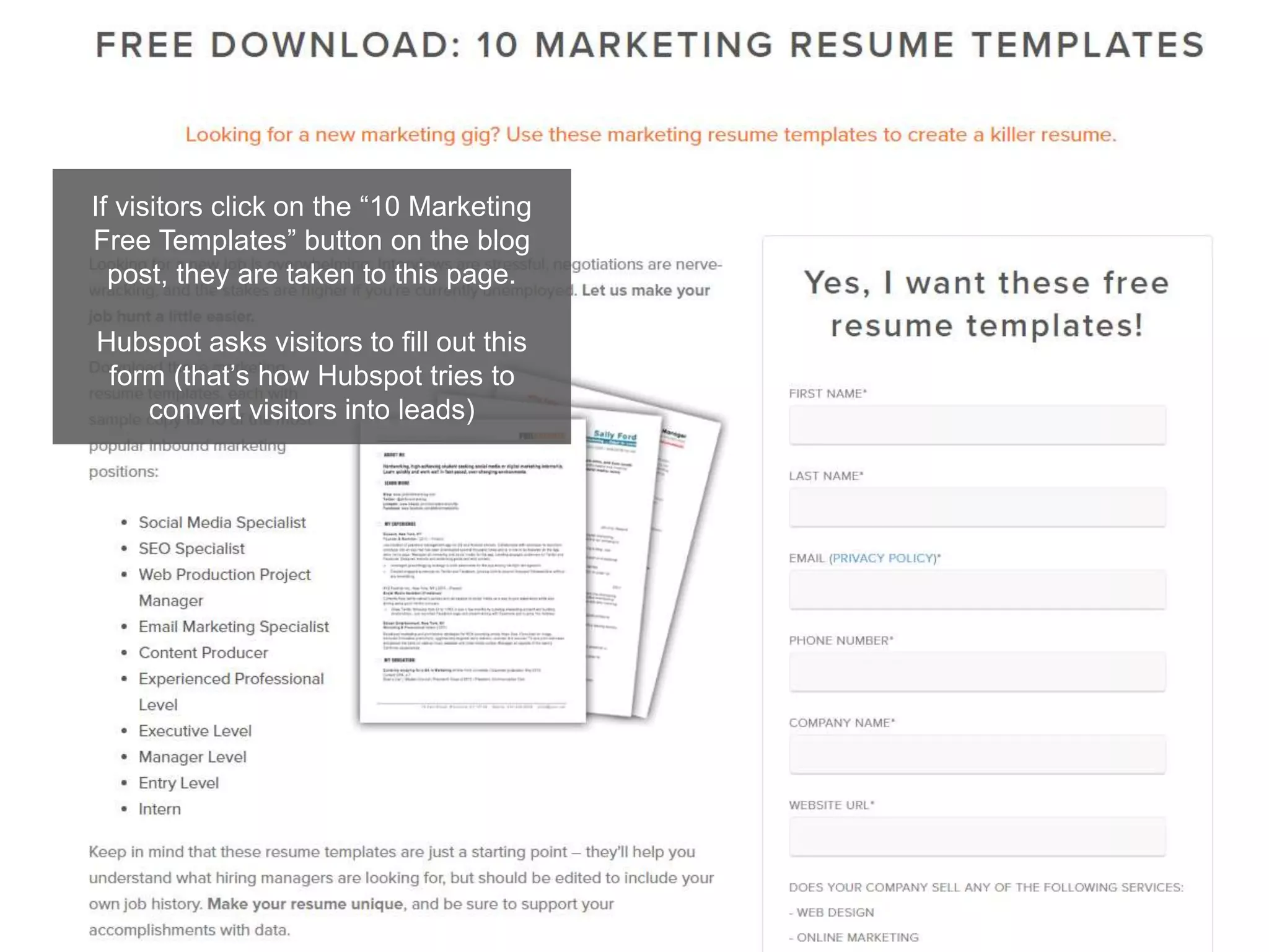 If visitors click on the “10 Marketing
Free Templates” button on the blog
post, they are taken to this page.
Hubspot asks visitors to fill out this
form (that’s how Hubspot tries to
convert visitors into leads)
 