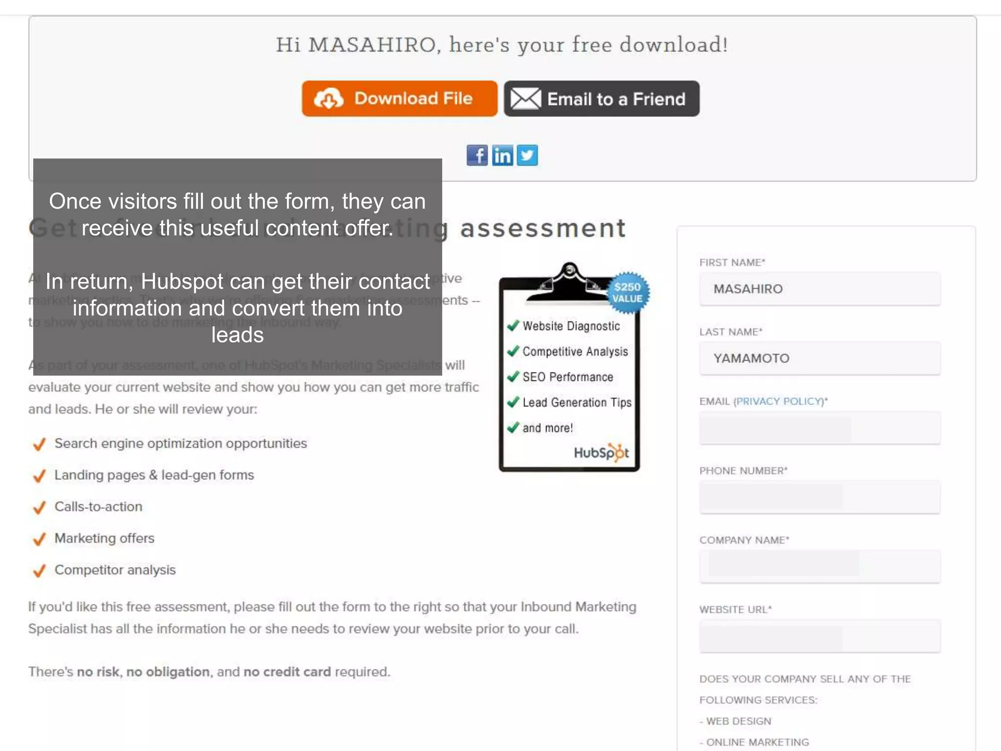 Once visitors fill out the form, they can
receive this useful content offer.
In return, Hubspot can get their contact
information and convert them into
leads
 