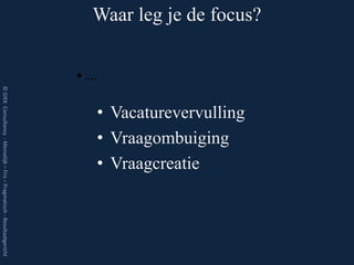 Waar leg je de focus?


                                                                         • ….
© GIEK Consultancy - Menselijk – Fris – Pragmatisch - Resultaatgericht




                                                                            • Vacaturevervulling
                                                                            • Vraagombuiging
                                                                            • Vraagcreatie
 
