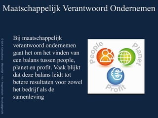 Maatschappelijk Verantwoord Ondernemen


                                                                         Bij maatschappelijk
© GIEK Consultancy - Menselijk – Fris – Pragmatisch - Resultaatgericht




                                                                         verantwoord ondernemen
                                                                         gaat het om het vinden van
                                                                         een balans tussen people,
                                                                         planet en profit. Vaak blijkt
                                                                         dat deze balans leidt tot
                                                                         betere resultaten voor zowel
                                                                         het bedrijf als de
                                                                         samenleving
 