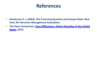 ReferencesHenderson A. J. (2003). The E-learning Question and Answer Book. New York, NY: American Management Association.The Sloan Consortium, Class Differences: Online Education in the United States, 2010.