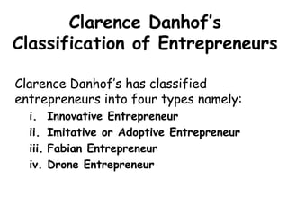 Clarence Danhof’s
Classification of Entrepreneurs
Clarence Danhof’s has classified
entrepreneurs into four types namely:
i...