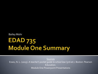 Bailey Mohr
Sources
Essex, N. L. (2015). A teacher's pocket guide to school law (3rd ed.). Boston: Pearson
Education.
Module One Powerpoint Presentations
 