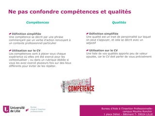 Bureau d’Aide à l’Insertion Professionnelle-
campus Moulins Ronchin
1 place Déliot – Bâtiment T- 59024 LILLE
Ne pas confondre compétences et qualités
Définition simplifiée
Une compétence se décrit par une phrase
commençant par un verbe d’action renvoyant à
un contexte professionnel particulier
Utilisation sur le CV
Les compétences sont à placer sous chaque
expérience où elles ont été exercé pour les
contextualiser ; ou dans un rubrique dédiée si
vous les avez exercé plusieurs fois sur des lieux
différents pour éviter de les répéter.
Compétences Qualités
Définition simplifiée
Une qualité est un trait de personnalité sur lequel
on peut s’appuyer, et cela se décrit avec un
adjectif
Utilisation sur le CV
Une liste de vos qualités apporte peu de valeur
ajoutée, car le CV doit parler de vous précisément
 