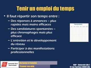 Du diplôme à l’emploi,
Franchir le pas
Bureau d’Aide à l’Insertion Professionnelle
42 rue Paul DUEZ -59000 LILLE
Réponse à annonce
ou candidature spontanée ?
Offres correspondant à vos objectifs
Recherchez des offres répondant à votre
objectifs, suivant vos contraintes
Correspondance avec le profil recherché
Vérifiez au passage si les entreprises
déposantes rentrent bien dans la cible que vous
aviez déterminées
Manque d’offres
Si vous trouvez peu d’offres, modifiez vos
paramètres de recherches
Offres en lien avec votre métier
Si vous trouvez beaucoup d’offres récentes
correspondant à votre métier, alors vous pouvez
privilégier des réponses à annonces.
Peu d’offres récentes
Dans le cas contraire, vous devrez privilégier les
candidatures spontanées.
Viser un secteur/une entreprise en
particulier
Les candidatures spontanées peuvent aussi être
utiles pour aborder un secteur ou une entreprise
en particulier pour le/laquelle vous n’auriez pas
trouvé d’offre.
Existe-t-il une demande visible ? Définir le mix
 