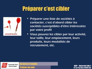Du diplôme à l’emploi,
Franchir le pas
Bureau d’Aide à l’Insertion Professionnelle
42 rue Paul DUEZ -59000 LILLE
Un exercice simple : se positionner par
rapport à une fiche métier (cf. document
Word sur Lilagora/construire sa
stratégie/Valoriser son profil)
1. 1. Sélectionner une fiche métier
2. 2. Extraire les compétences clefs et les
recopier dans le tableau du document
3. 3. Pour chacune indiquez des exemples de
mise en situation (TD, TP, Expériences, etc.),
si vous en avez déjà
4. 4. Choisir celles qui vous paraissent les plus
utiles à pratiquer pendant votre prochain
stage
De ces éléments, découlent deux questions :
 Quels sont mes points d’appui ?
 Qu’est-ce que je souhaite découvrir du
métier et du secteur professionnel que
je pourrai pratiquer pendant le stage ?
Comment faire le point
sur son projet et sa formation?
 