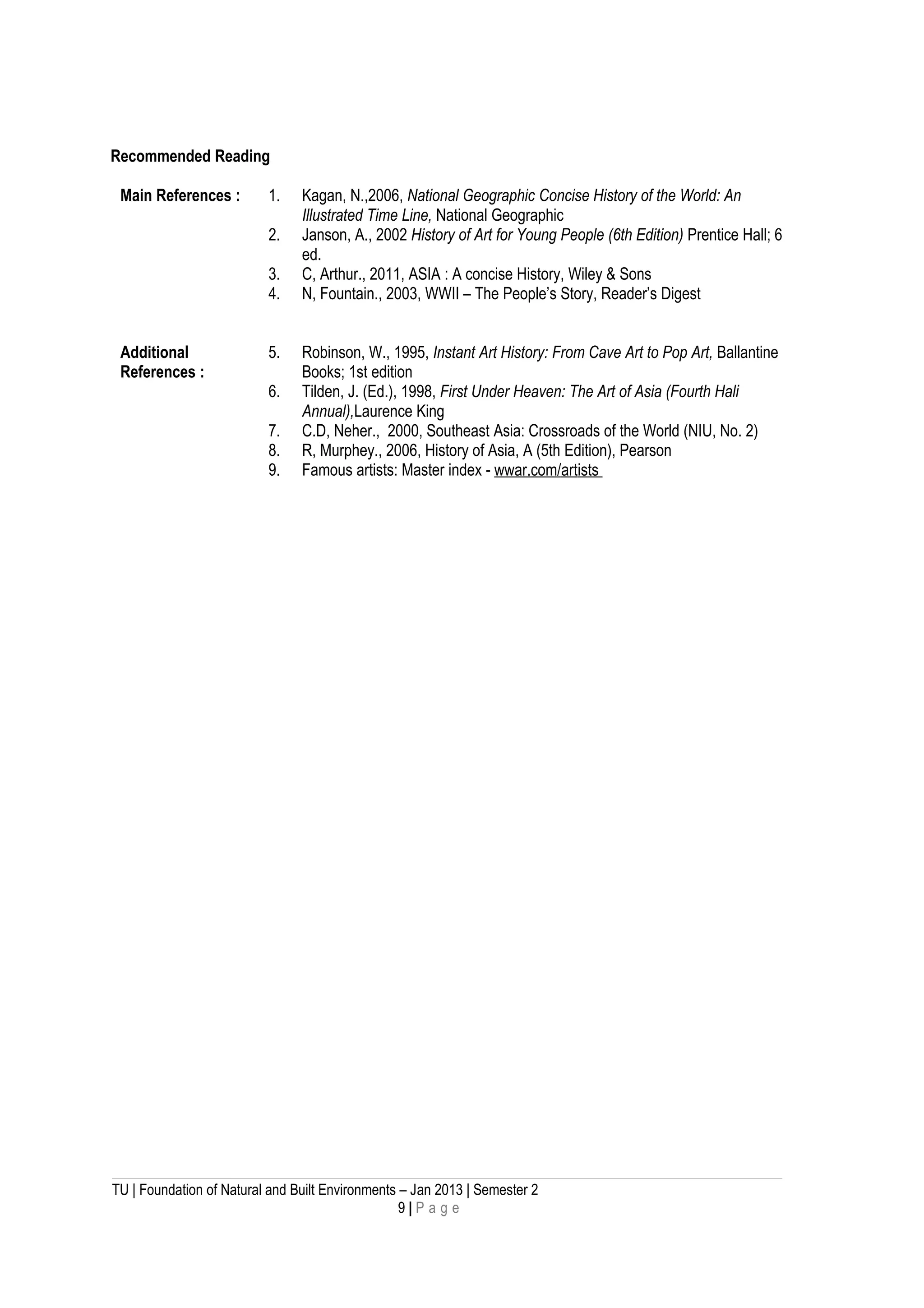 Recommended Reading
Main References : 1. Kagan, N.,2006, National Geographic Concise History of the World: An
Illustrated Time Line, National Geographic
2. Janson, A., 2002 History of Art for Young People (6th Edition) Prentice Hall; 6
ed.
3. C, Arthur., 2011, ASIA : A concise History, Wiley & Sons
4. N, Fountain., 2003, WWII – The People’s Story, Reader’s Digest
Additional
References :
5. Robinson, W., 1995, Instant Art History: From Cave Art to Pop Art, Ballantine
Books; 1st edition
6. Tilden, J. (Ed.), 1998, First Under Heaven: The Art of Asia (Fourth Hali
Annual),Laurence King
7. C.D, Neher., 2000, Southeast Asia: Crossroads of the World (NIU, No. 2)
8. R, Murphey., 2006, History of Asia, A (5th Edition), Pearson
9. Famous artists: Master index - wwar.com/artists
TU | Foundation of Natural and Built Environments – Jan 2013 | Semester 2
9 | P a g e
 