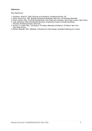 Building Construction 2 (ARC60703/ARC2513): March 2016 8
References
Main References:
1. Charleson, Andre W., 2006, Structure as Architecture. Architectural Press, UK
2. Ching, Francis D.K. 1991. Building Construction illustrated. New York. Van Nostrand Reinhold.
3. Orton, Andrew. 2001, The Way We Build Now: Form Scale and Technique. Spon Press, London. Spon Press
4. Lyall, Sutherland, 2002. Remarkable Structures: Engineering Today’s Innovative Buildings.
Princeton Architectural Press, New York.
5. Simmon, H. Leslie. 2001. Construction: Principles, Materials and Method. 7th Edition. New York.
John Wiley & Sons.
6. Wihide, Elizabeth. 2001. Materials: A Directory for Home Design. Quadrille Publishing Ltd, London.
 