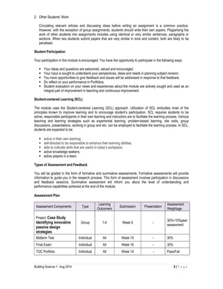 Building Science 1 : Aug 2014 5 | P a g e
2. Other Students’ Work
Circulating relevant articles and discussing ideas before writing an assignment is a common practice.
However, with the exception of group assignments, students should write their own papers. Plagiarising the
work of other students into assignments includes using identical or very similar sentences, paragraphs or
sections. When two students submit papers that are very similar in tone and content, both are likely to be
penalised.
Student Participation
Your participation in the module is encouraged. You have the opportunity to participate in the following ways:
Your ideas and questions are welcomed, valued and encouraged.
Your input is sought to understand your perspectives, ideas and needs in planning subject revision.
You have opportunities to give feedback and issues will be addressed in response to that feedback.
Do reflect on your performance in Portfolios.
Student evaluation on your views and experiences about the module are actively sought and used as an
integral part of improvement in teaching and continuous improvement.
Student-centered Learning (SCL)
The module uses the Student-centered Learning (SCL) approach. Utilization of SCL embodies most of the
principles known to improve learning and to encourage student’s participation. SCL requires students to be
active, responsible participants in their own learning and instructors are to facilitate the learning process. Various
teaching and learning strategies such as experiential learning, problem-based learning, site visits, group
discussions, presentations, working in group and etc. can be employed to facilitate the learning process. In SCL,
students are expected to be:
active in their own learning;
self-directed to be responsible to enhance their learning abilities;
able to cultivate skills that are useful in today’s workplace;
active knowledge seekers;
active players in a team.
Types of Assessment and Feedback
You will be graded in the form of formative and summative assessments. Formative assessments will provide
information to guide you in the research process. This form of assessment involves participation in discussions
and feedback sessions. Summative assessment will inform you about the level of understanding and
performance capabilities achieved at the end of the module.
Assessment Plan
Assessment Components Type
Learning
Outcome/s
Submission Presentation
Assessment
Weightage
Project: Case Study
Identifying innovative
passive design
strategies
Group 1-4 Week 9 -
30%+10%peer
assessment
Midterm Test Individual All Week 10 - 30%
Final Exam Individual All Week 16 - 30%
TGC Portfolio Individual All Week 14 - Pass/Fail
 