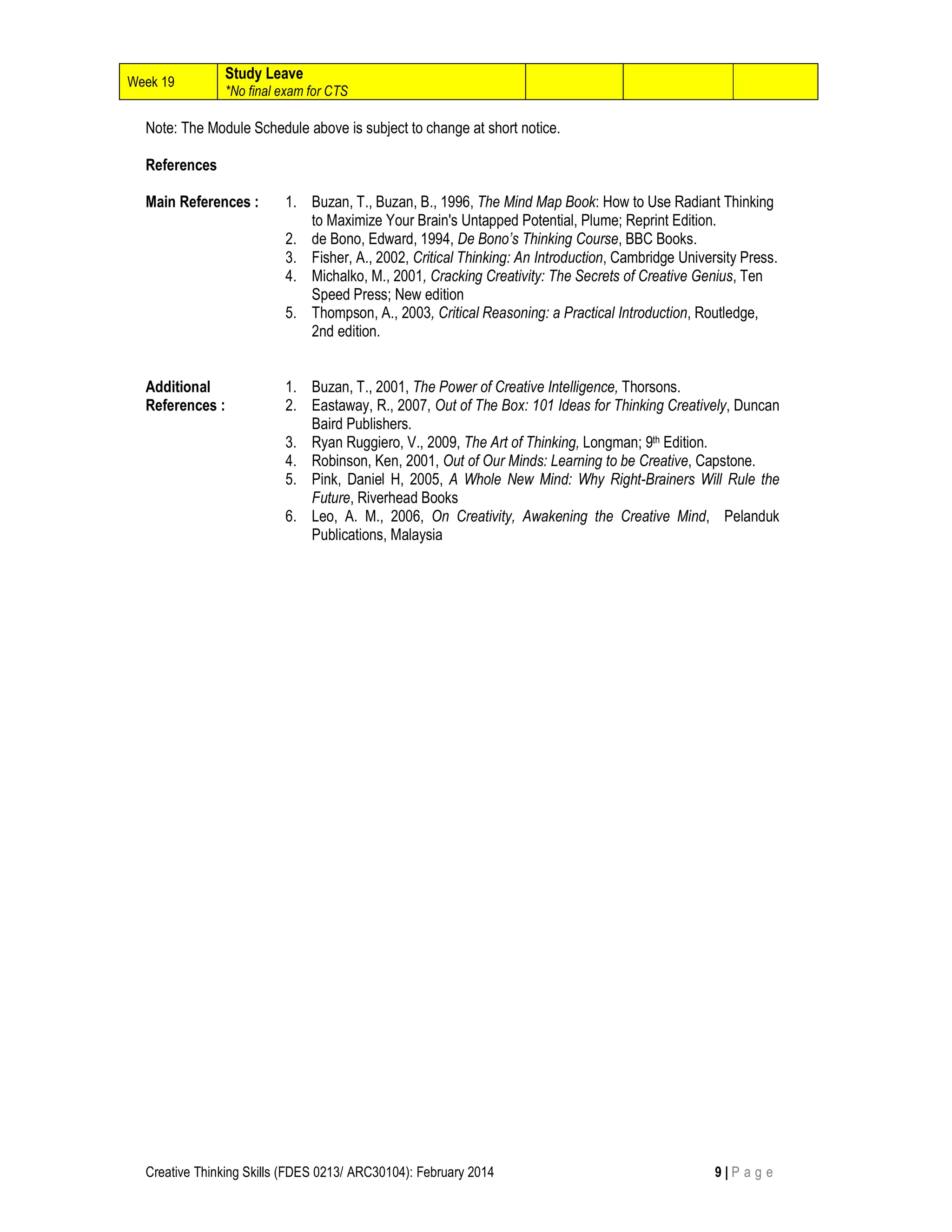 Creative Thinking Skills (FDES 0213/ ARC30104): February 2014 9 | P a g e
Week 19
Study Leave
*No final exam for CTS
Note: The Module Schedule above is subject to change at short notice.
References
Main References : 1. Buzan, T., Buzan, B., 1996, The Mind Map Book: How to Use Radiant Thinking
to Maximize Your Brain's Untapped Potential, Plume; Reprint Edition.
2. de Bono, Edward, 1994, De Bono’s Thinking Course, BBC Books.
3. Fisher, A., 2002, Critical Thinking: An Introduction, Cambridge University Press.
4. Michalko, M., 2001, Cracking Creativity: The Secrets of Creative Genius, Ten
Speed Press; New edition
5. Thompson, A., 2003, Critical Reasoning: a Practical Introduction, Routledge,
2nd edition.
Additional
References :
1. Buzan, T., 2001, The Power of Creative Intelligence, Thorsons.
2. Eastaway, R., 2007, Out of The Box: 101 Ideas for Thinking Creatively, Duncan
Baird Publishers.
3. Ryan Ruggiero, V., 2009, The Art of Thinking, Longman; 9th Edition.
4. Robinson, Ken, 2001, Out of Our Minds: Learning to be Creative, Capstone.
5. Pink, Daniel H, 2005, A Whole New Mind: Why Right-Brainers Will Rule the
Future, Riverhead Books
6. Leo, A. M., 2006, On Creativity, Awakening the Creative Mind, Pelanduk
Publications, Malaysia
 