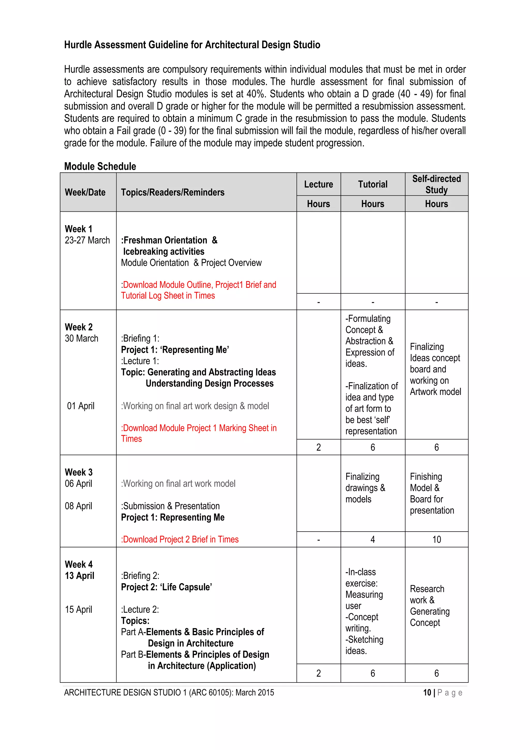 ARCHITECTURE DESIGN STUDIO 1 (ARC 60105): March 2015 10 | P a g e
Hurdle Assessment Guideline for Architectural Design Studio
Hurdle assessments are compulsory requirements within individual modules that must be met in order
to achieve satisfactory results in those modules. The hurdle assessment for final submission of
Architectural Design Studio modules is set at 40%. Students who obtain a D grade (40 - 49) for final
submission and overall D grade or higher for the module will be permitted a resubmission assessment.
Students are required to obtain a minimum C grade in the resubmission to pass the module. Students
who obtain a Fail grade (0 - 39) for the final submission will fail the module, regardless of his/her overall
grade for the module. Failure of the module may impede student progression.
Module Schedule
Week/Date Topics/Readers/Reminders
Lecture Tutorial
Self-directed
Study
Hours Hours Hours
Week 1
23-27 March :Freshman Orientation &
Icebreaking activities
Module Orientation & Project Overview
:Download Module Outline, Project1 Brief and
Tutorial Log Sheet in Times
- - -
Week 2
30 March
01 April
:Briefing 1:
Project 1: ‘Representing Me’
:Lecture 1:
Topic: Generating and Abstracting Ideas
Understanding Design Processes
:Working on final art work design & model
:Download Module Project 1 Marking Sheet in
Times
-Formulating
Concept &
Abstraction &
Expression of
ideas.
-Finalization of
idea and type
of art form to
be best ‘self’
representation
Finalizing
Ideas concept
board and
working on
Artwork model
2 6 6
Week 3
06 April
08 April
:Working on final art work model
:Submission & Presentation
Project 1: Representing Me
:Download Project 2 Brief in Times
Finalizing
drawings &
models
Finishing
Model &
Board for
presentation
- 4 10
Week 4
13 April
15 April
:Briefing 2:
Project 2: ‘Life Capsule’
:Lecture 2:
Topics:
Part A-Elements & Basic Principles of
Design in Architecture
Part B-Elements & Principles of Design
in Architecture (Application)
-In-class
exercise:
Measuring
user
-Concept
writing.
-Sketching
ideas.
Research
work &
Generating
Concept
2 6 6
 