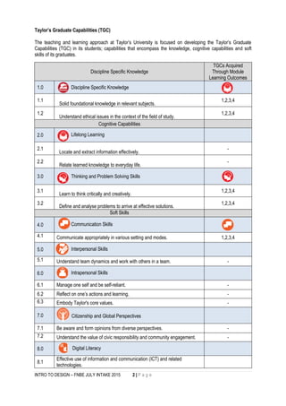 INTRO TO DESIGN – FNBE JULY INTAKE 2015 2 | P a g e
Taylor’s Graduate Capabilities (TGC)
The teaching and learning approach at Taylor’s University is focused on developing the Taylor’s Graduate
Capabilities (TGC) in its students; capabilities that encompass the knowledge, cognitive capabilities and soft
skills of its graduates.
Discipline Specific Knowledge
TGCs Acquired
Through Module
Learning Outcomes
1.0 Discipline Specific Knowledge
1.1
Solid foundational knowledge in relevant subjects.
1,2,3,4
1.2
Understand ethical issues in the context of the field of study.
1,2,3,4
Cognitive Capabilities
2.0 Lifelong Learning
2.1
Locate and extract information effectively.
-
2.2
Relate learned knowledge to everyday life.
-
3.0 Thinking and Problem Solving Skills
3.1
Learn to think critically and creatively.
1,2,3,4
3.2
Define and analyse problems to arrive at effective solutions.
1,2,3,4
Soft Skills
4.0 Communication Skills
4.1 Communicate appropriately in various setting and modes. 1,2,3,4
5.0 Interpersonal Skills
5.1 Understand team dynamics and work with others in a team. -
6.0 Intrapersonal Skills
6.1 Manage one self and be self-reliant. -
6.2 Reflect on one’s actions and learning. -
6.3 Embody Taylor's core values. -
7.0 Citizenship and Global Perspectives
7.1 Be aware and form opinions from diverse perspectives. -
7.2 Understand the value of civic responsibility and community engagement. -
8.0 Digital Literacy
8.1
Effective use of information and communication (ICT) and related
technologies.
 