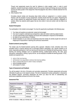 INTRO TO DESIGN – FNBE JULY INTAKE 2015 4 | P a g e
Though most assignments require the need for reference to other peoples’ works, in order to avoid
plagiarism, students should keep a detailed record of the sources of ideas and findings and ensure that these
sources are clearly quoted in their assignment. Note that plagiarism also refers to materials obtained from the
Internet too.
2. Other Students’ Work
Circulating relevant articles and discussing ideas before writing an assignment is a common practice.
However, with the exception of group assignments, students should write their own papers. Plagiarising the
work of other students into assignments includes using identical or very similar sentences, paragraphs or
sections. When two students submit papers that are very similar in tone and content, both are likely to be
penalized.
Student Participation
Your participation in the module is encouraged. You have the opportunity to participate in the following ways:
 Your ideas and questions are welcomed, valued and encouraged.
 Your input is sought to understand your perspectives, ideas and needs in planning subject revision.
 You have opportunities to give feedback and issues will be addressed in response to that feedback.
 Do reflect on your performance in Portfolios.
 Student evaluation on your views and experiences about the module are actively sought and used as an
integral part of improvement in teaching and continuous improvement.
Student-centered Learning (SCL)
The module uses the Student-centered Learning (SCL) approach. Utilization of SCL embodies most of the
principles known to improve learning and to encourage student’s participation. SCL requires students to be
active, responsible participants in their own learning and instructors are to facilitate the learning process. Various
teaching and learning strategies such as experiential learning, problem-based learning, site visits, group
discussions, presentations, working in group and etc. can be employed to facilitate the learning process. In SCL,
students are expected to be:
 active in their own learning;
 self-directed to be responsible to enhance their learning abilities;
 able to cultivate skills that are useful in today’s workplace;
 active knowledge seekers;
 active players in a team.
Types of Assessment and Feedback
You will be graded in the form of formative and summative assessments. Formative assessments will provide
information to guide you in the research process. This form of assessment involves participation in discussions
and feedback sessions. Summative assessment will inform you about the level of understanding and
performance capabilities achieved at the end of the module.
Assessment Plan
Assessment Components Type
Learning
Outcome/s
Submission Presentation
Assessment
Weight age
Project 1 –
Elements & Principles
Individual 15%
+ Group 25%
1
Week 5&9 Week 8 30%
Final Project – Project 2
2D – 3D
Group 15% +
Individual 25%
2,3 Week 13 &
18
Week 18 40%
Design Process Journal Individual
4 Every 4
weeks
- 20%
E-Portfolio Individual All Study Week - 10%
 