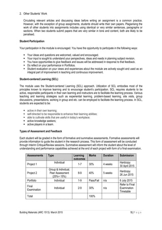 Building Materials (ARC 1513): March 2015 5 | P a g e
2. Other Students’ Work
Circulating relevant articles and discussing ideas before writing an assignment is a common practice.
However, with the exception of group assignments, students should write their own papers. Plagiarising the
work of other students into assignments includes using identical or very similar sentences, paragraphs or
sections. When two students submit papers that are very similar in tone and content, both are likely to be
penalised.
Student Participation
Your participation in the module is encouraged. You have the opportunity to participate in the following ways:
 Your ideas and questions are welcomed, valued and encouraged.
 Your input is sought to understand your perspectives, ideas and needs in planning subject revision.
 You have opportunities to give feedback and issues will be addressed in response to that feedback.
 Do reflect on your performance in Portfolios.
 Student evaluation on your views and experiences about the module are actively sought and used as an
integral part of improvement in teaching and continuous improvement.
Student-centered Learning (SCL)
The module uses the Student-centered Learning (SCL) approach. Utilization of SCL embodies most of the
principles known to improve learning and to encourage student’s participation. SCL requires students to be
active, responsible participants in their own learning and instructors are to facilitate the learning process. Various
teaching and learning strategies such as experiential learning, problem-based learning, site visits, group
discussions, presentations, working in group and etc. can be employed to facilitate the learning process. In SCL,
students are expected to be:
 active in their own learning;
 self-directed to be responsible to enhance their learning abilities;
 able to cultivate skills that are useful in today’s workplace;
 active knowledge seekers;
 active players in a team.
Types of Assessment and Feedback
Each student will be graded in the form of formative and summative assessments. Formative assessments will
provide information to guide the student in the research process. This form of assessment will be conducted
through Interim Critique/Review sessions. Summative assessment will inform the student about the level of
understanding and performance capabilities achieved at the end of each project with form of a final examination.
Assessments Type Learning
outcomes
Marks Duration Submission
Project 1
Individual
1-7 30% 4 weeks
Hardcopy
30 April 2015
Project 2
Group & Individual,
Peer Assessment
(25%+ 15%)
8-9 40% 5 weeks
Hardcopy
26 Jun 2015
Portfolio Individual 1-9 Pass/Fail n/a 6 July 2015
Final
Examination
Individual 2-9 30% n/a
Refer to Final
Examination
Timetable
Total 100%
 