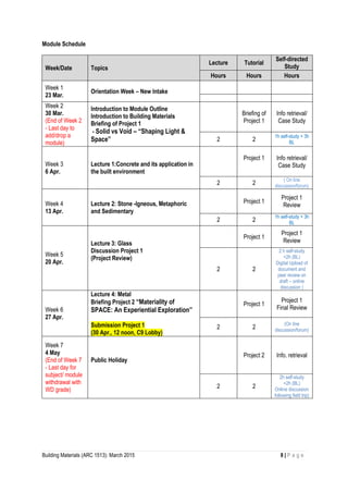 Building Materials (ARC 1513): March 2015 8 | P a g e
Module Schedule
Week/Date Topics
Lecture Tutorial
Self-directed
Study
Hours Hours Hours
Week 1
23 Mar.
Orientation Week – New Intake
Week 2
30 Mar.
(End of Week 2
- Last day to
add/drop a
module)
Introduction to Module Outline
Introduction to Building Materials
Briefing of Project 1
- Solid vs Void – “Shaping Light &
Space”
Briefing of
Project 1
Info retrieval/
Case Study
2 2
1h self-study + 3h
BL
Week 3
6 Apr.
Lecture 1:Concrete and its application in
the built environment
Project 1 Info retrieval/
Case Study
2 2
( On line
discussion/forum)
Week 4
13 Apr.
Lecture 2: Stone -Igneous, Metaphoric
and Sedimentary
Project 1
Project 1
Review
2 2
1h self-study + 3h
BL
Week 5
20 Apr.
Lecture 3: Glass
Discussion Project 1
(Project Review)
Project 1
Project 1
Review
2 2
2 h self-study
+2h (BL)
Digital Upload of
document and
peer review on
draft – online
discussion )
Week 6
27 Apr.
Lecture 4: Metal
Briefing Project 2 “Materiality of
SPACE: An Experiential Exploration”
Submission Project 1
(30 Apr., 12 noon, C9 Lobby)
Project 1
Project 1
Final Review
2 2
(On line
discussion/forum)
Week 7
4 May
(End of Week 7
- Last day for
subject/ module
withdrawal with
WD grade)
Public Holiday
Project 2 Info. retrieval
2 2
2h self-study
+2h (BL)
Online discussion
following field trip)
 