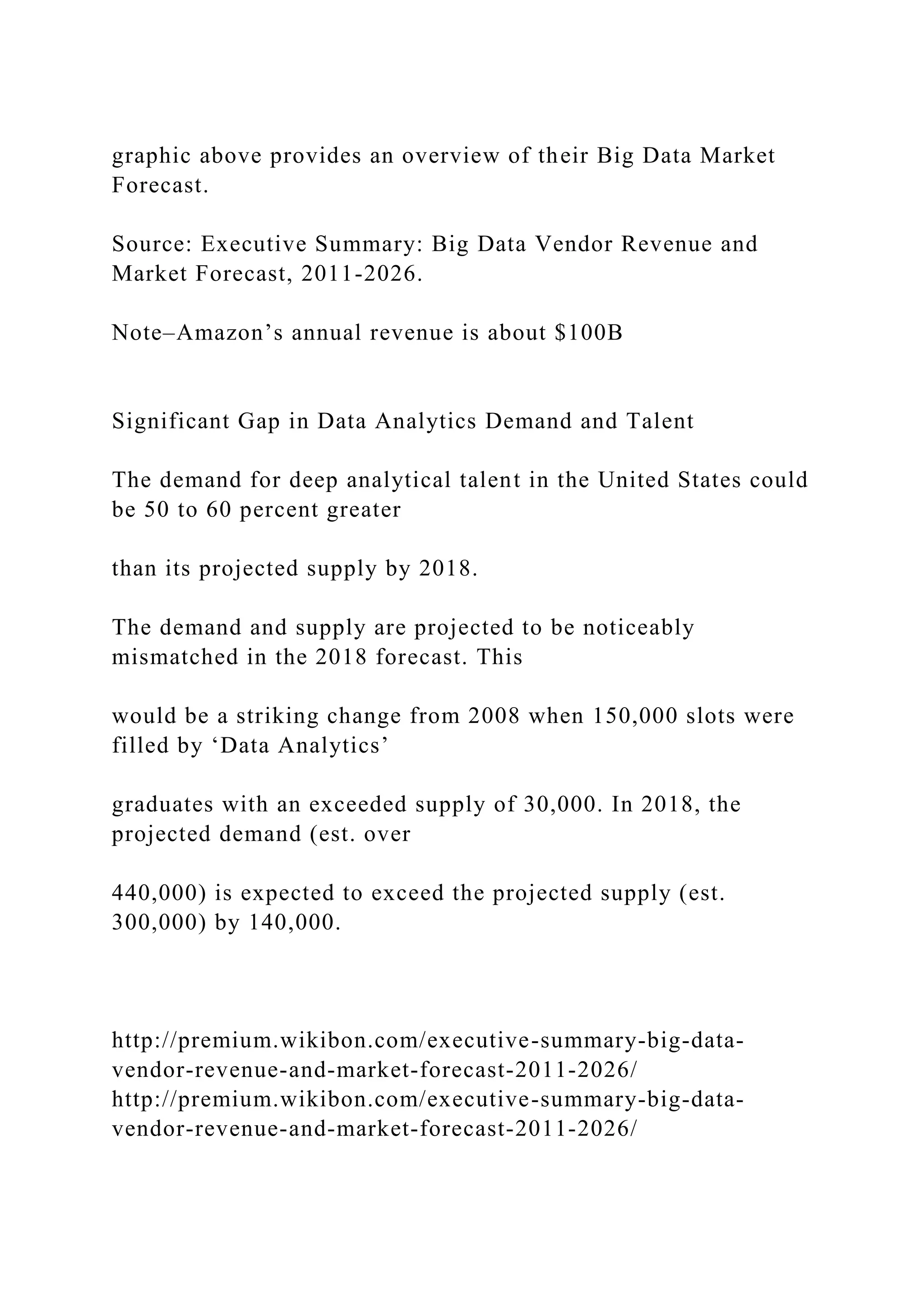 graphic above provides an overview of their Big Data Market
Forecast.
Source: Executive Summary: Big Data Vendor Revenue and
Market Forecast, 2011-2026.
Note–Amazon’s annual revenue is about $100B
Significant Gap in Data Analytics Demand and Talent
The demand for deep analytical talent in the United States could
be 50 to 60 percent greater
than its projected supply by 2018.
The demand and supply are projected to be noticeably
mismatched in the 2018 forecast. This
would be a striking change from 2008 when 150,000 slots were
filled by ‘Data Analytics’
graduates with an exceeded supply of 30,000. In 2018, the
projected demand (est. over
440,000) is expected to exceed the projected supply (est.
300,000) by 140,000.
http://premium.wikibon.com/executive-summary-big-data-
vendor-revenue-and-market-forecast-2011-2026/
http://premium.wikibon.com/executive-summary-big-data-
vendor-revenue-and-market-forecast-2011-2026/
 