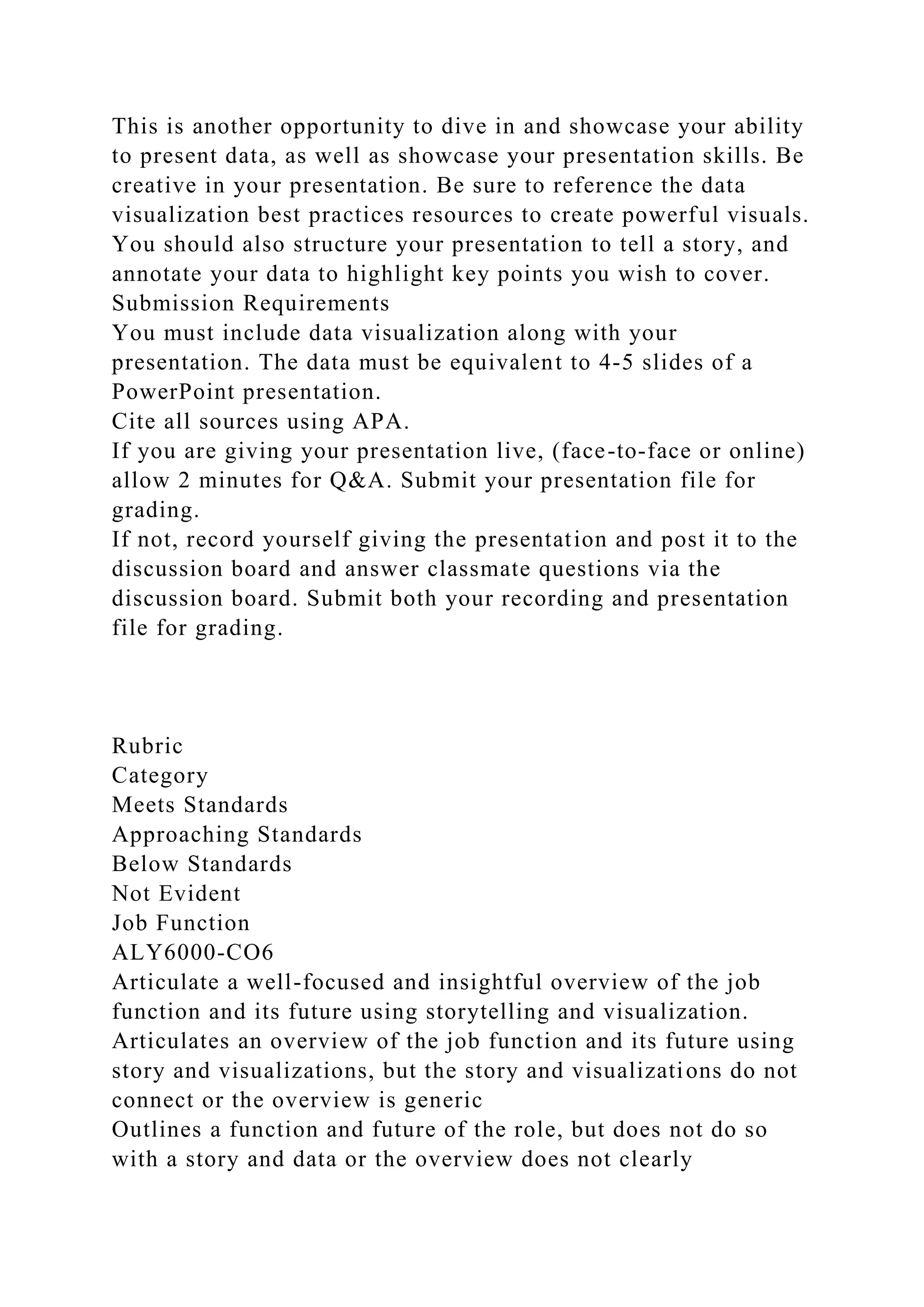 This is another opportunity to dive in and showcase your ability
to present data, as well as showcase your presentation skills. Be
creative in your presentation. Be sure to reference the data
visualization best practices resources to create powerful visuals.
You should also structure your presentation to tell a story, and
annotate your data to highlight key points you wish to cover.
Submission Requirements
You must include data visualization along with your
presentation. The data must be equivalent to 4-5 slides of a
PowerPoint presentation.
Cite all sources using APA.
If you are giving your presentation live, (face-to-face or online)
allow 2 minutes for Q&A. Submit your presentation file for
grading.
If not, record yourself giving the presentation and post it to the
discussion board and answer classmate questions via the
discussion board. Submit both your recording and presentation
file for grading.
Rubric
Category
Meets Standards
Approaching Standards
Below Standards
Not Evident
Job Function
ALY6000-CO6
Articulate a well-focused and insightful overview of the job
function and its future using storytelling and visualization.
Articulates an overview of the job function and its future using
story and visualizations, but the story and visualizations do not
connect or the overview is generic
Outlines a function and future of the role, but does not do so
with a story and data or the overview does not clearly
 