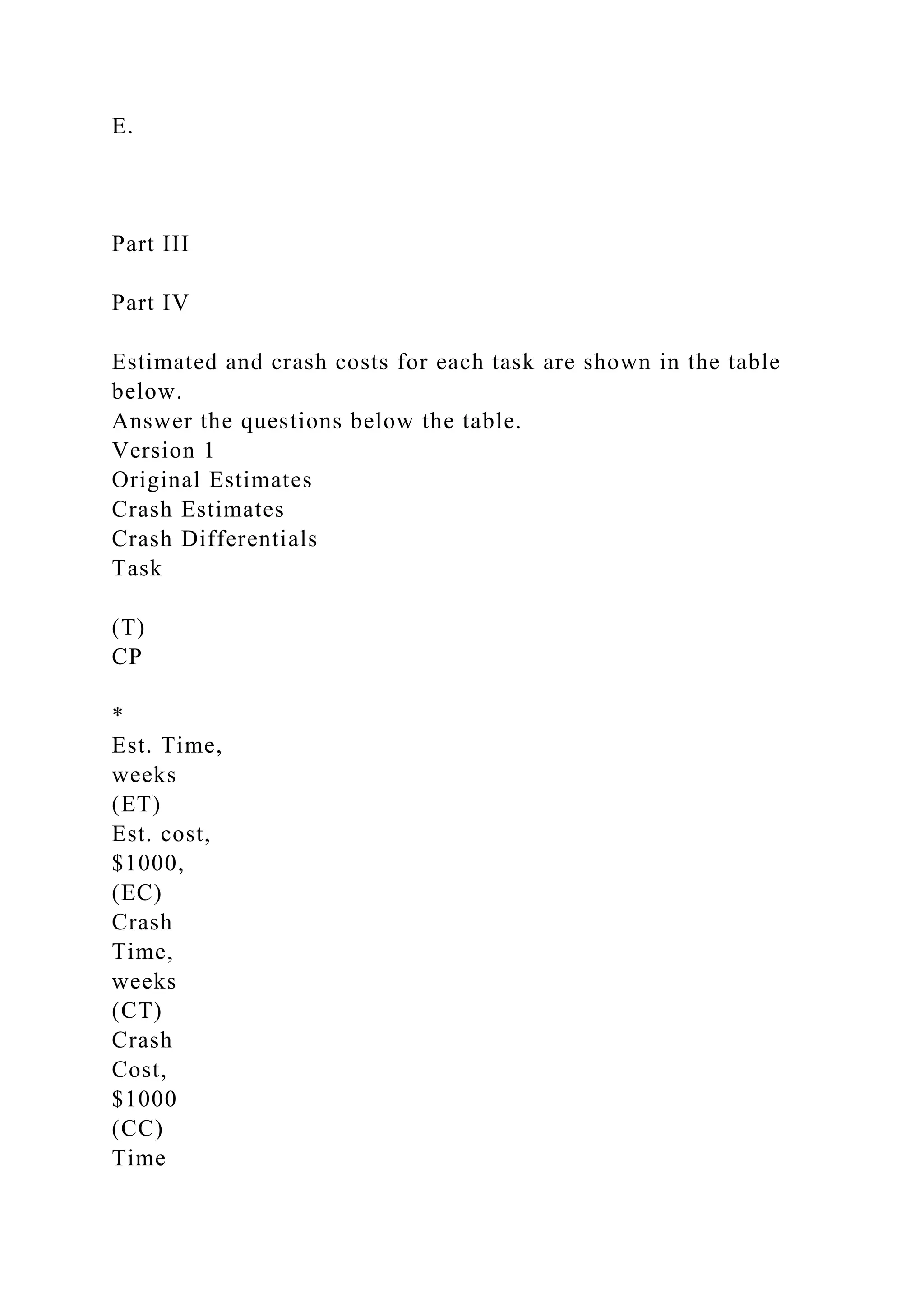 E.
Part III
Part IV
Estimated and crash costs for each task are shown in the table
below.
Answer the questions below the table.
Version 1
Original Estimates
Crash Estimates
Crash Differentials
Task
(T)
CP
*
Est. Time,
weeks
(ET)
Est. cost,
$1000,
(EC)
Crash
Time,
weeks
(CT)
Crash
Cost,
$1000
(CC)
Time
 