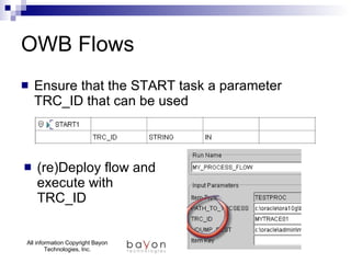 OWB Flows Ensure that the START task a parameter TRC_ID that can be used  (re)Deploy flow and execute with TRC_ID 