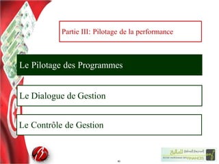 Le Pilotage des Programmes
Le Dialogue de Gestion
Le Contrôle de Gestion
40
Partie III: Pilotage de la performance
 