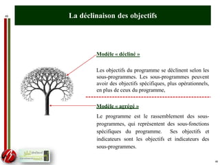 49 La déclinaison des objectifs
Modèle « décliné »
Les objectifs du programme se déclinent selon les
sous-programmes. Les sous-programmes peuvent
avoir des objectifs spécifiques, plus opérationnels,
en plus de ceux du programme,
Modèle « agrégé »
Le programme est le rassemblement des sous-
programmes, qui représentent des sous-fonctions
spécifiques du programme. Ses objectifs et
indicateurs sont les objectifs et indicateurs des
sous-programmes.
49
 