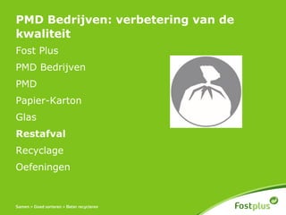 PMD Bedrijven: verbetering van de
kwaliteit
Fost Plus
PMD Bedrijven
PMD
Papier-Karton
Glas
Restafval
Recyclage
Oefeningen
 