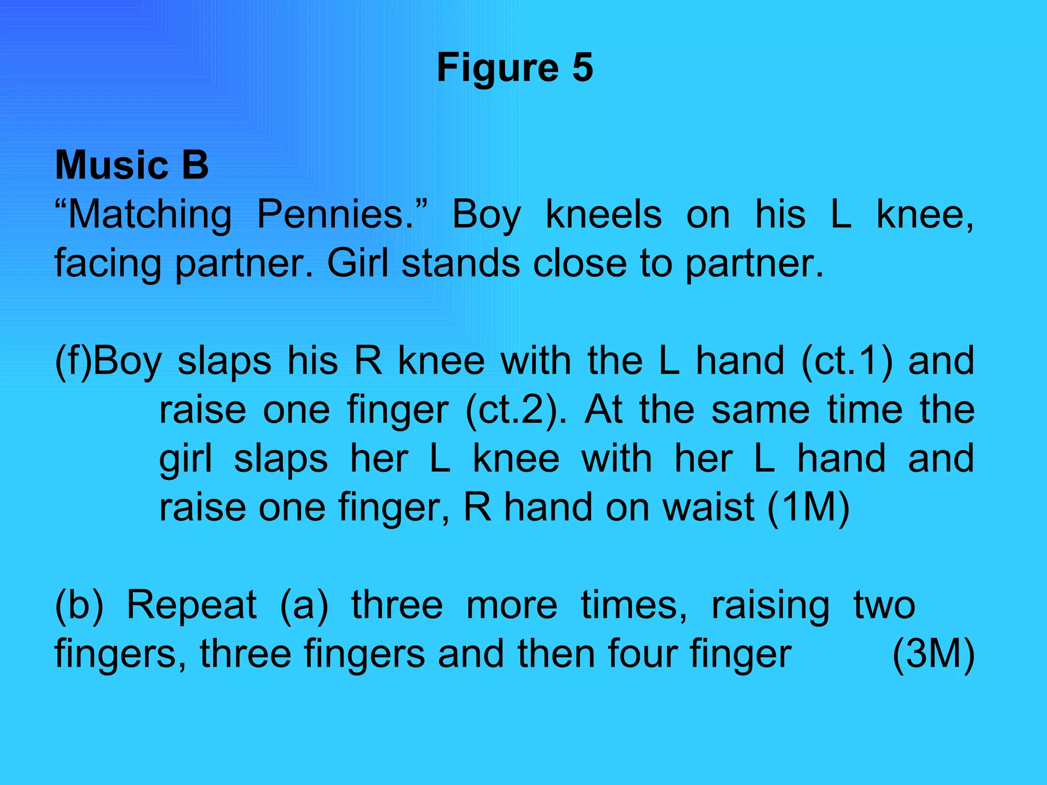 Figure 5 Music B “ Matching Pennies.” Boy kneels on his L knee, facing partner. Girl stands close to partner.  Boy slaps his R knee with the L hand (ct.1) and  raise one finger (ct.2). At the same time the  girl slaps her L knee with her L hand and  raise one finger, R hand on waist (1M) (b) Repeat (a) three more times, raising two  fingers, three fingers and then four finger  (3M) 