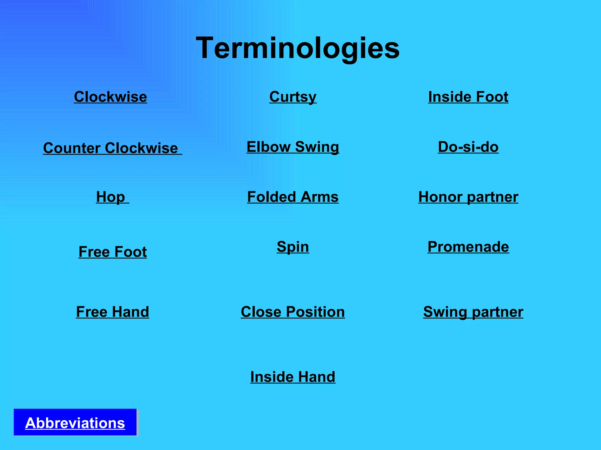 Clockwise   Counter Clockwise   Hop   Free Foot Free Hand Curtsy Elbow Swing Spin Folded Arms Close Position Inside Hand Inside Foot Do-si-do Honor partner Promenade Swing partner Abbreviations Terminologies 