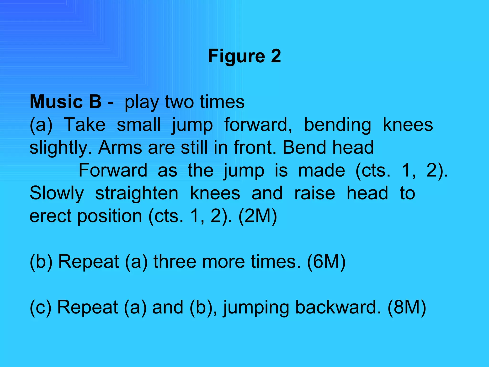 Figure 2 Music B  -  play two times (a) Take small jump forward, bending knees  slightly. Arms are still in front. Bend head  Forward as the jump is made (cts. 1, 2).  Slowly straighten knees and raise head to  erect position (cts. 1, 2). (2M) (b) Repeat (a) three more times. (6M) (c) Repeat (a) and (b), jumping backward. (8M) 