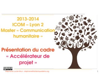 2013­2014
ICOM – Lyon 2
Master « Communication 
humanitaire »

 

Présentation du cadre 
« Accélérateur de 
projet »
Stéphanie Lucien­Brun ­ stephanie@lafabriquealiens.org

1

 