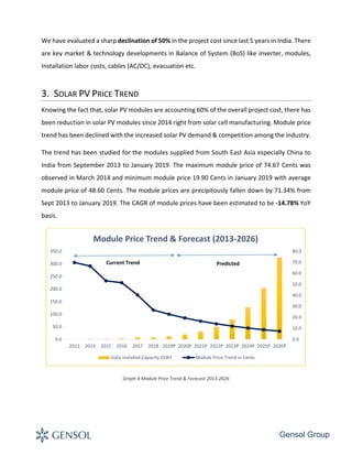 Gensol Group
We have evaluated a sharp declination of 50% in the project cost since last 5 years in India. There
are key market & technology developments in Balance of System (BoS) like inverter, modules,
Installation labor costs, cables (AC/DC), evacuation etc.
3. SOLAR PV PRICE TREND
Knowing the fact that, solar PV modules are accounting 60% of the overall project cost, there has
been reduction in solar PV modules since 2014 right from solar cell manufacturing. Module price
trend has been declined with the increased solar PV demand & competition among the industry.
The trend has been studied for the modules supplied from South East Asia especially China to
India from September 2013 to January 2019. The maximum module price of 74.67 Cents was
observed in March 2014 and minimum module price 19.90 Cents in January 2019 with average
module price of 48.60 Cents. The module prices are precipitously fallen down by 71.34% from
Sept 2013 to January 2019. The CAGR of module prices have been estimated to be -14.78% YoY
basis.
Graph 4 Module Price Trend & Forecast 2013-2026
0.0
10.0
20.0
30.0
40.0
50.0
60.0
70.0
80.0
0.0
50.0
100.0
150.0
200.0
250.0
300.0
350.0
2013 2014 2015 2016 2017 2018 2019P 2020P 2021P 2022P 2023P 2024P 2025P 2026P
Module Price Trend & Forecast (2013-2026)
India Installed Capacity (GW) Module Price Trend in Cents
PredictedCurrent Trend
 