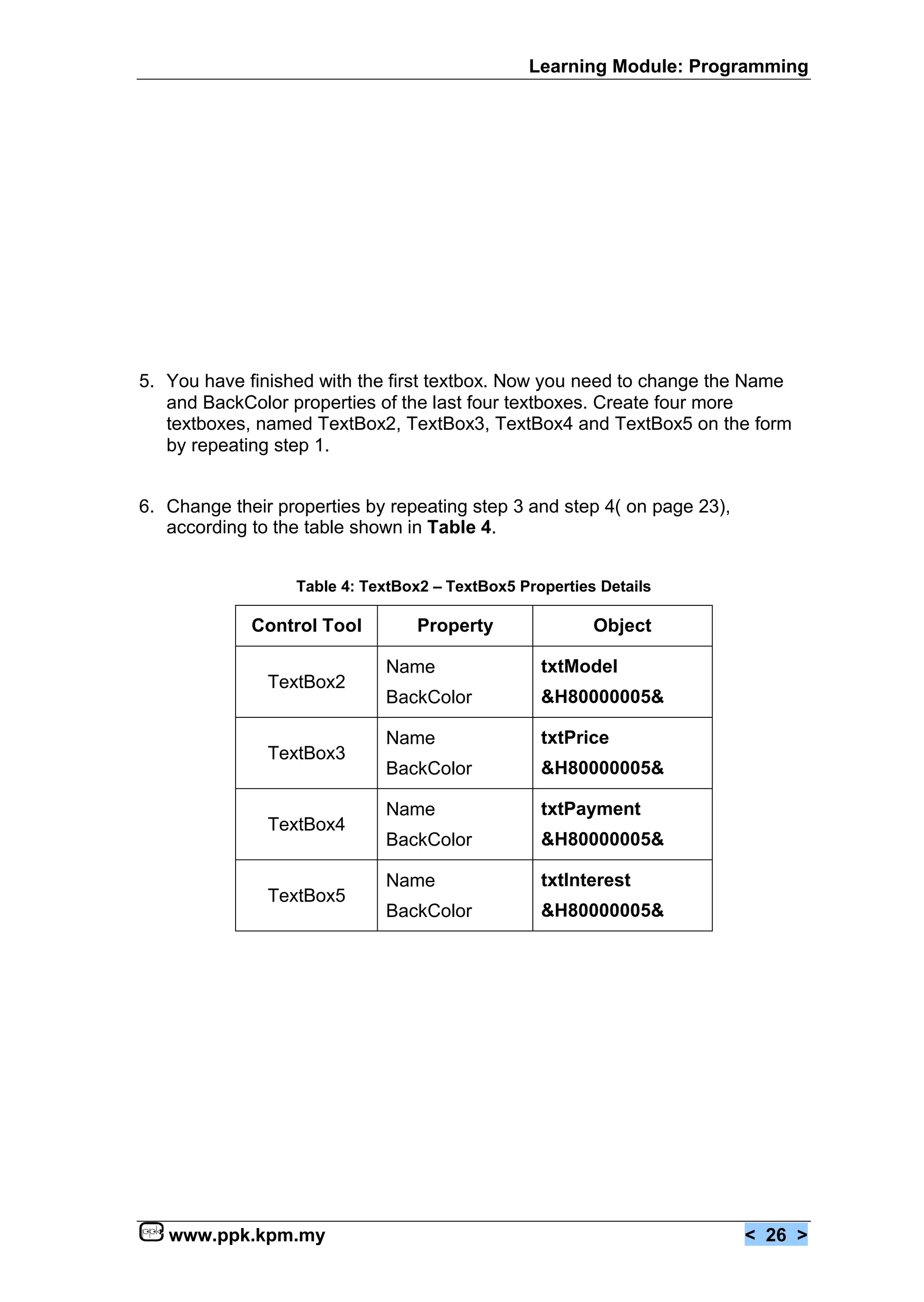 Learning Module: Programming




5. You have finished with the first textbox. Now you need to change the Name
   and BackColor properties of the last four textboxes. Create four more
   textboxes, named TextBox2, TextBox3, TextBox4 and TextBox5 on the form
   by repeating step 1.


6. Change their properties by repeating step 3 and step 4( on page 23),
   according to the table shown in Table 4.


                  Table 4: TextBox2 – TextBox5 Properties Details

             Control Tool         Property               Object

                             Name                 txtModel
               TextBox2
                             BackColor            &H80000005&

                             Name                 txtPrice
               TextBox3
                             BackColor            &H80000005&

                             Name                 txtPayment
               TextBox4
                             BackColor            &H80000005&

                             Name                 txtInterest
               TextBox5
                             BackColor            &H80000005&




   www.ppk.kpm.my                                                         < 26 >
 