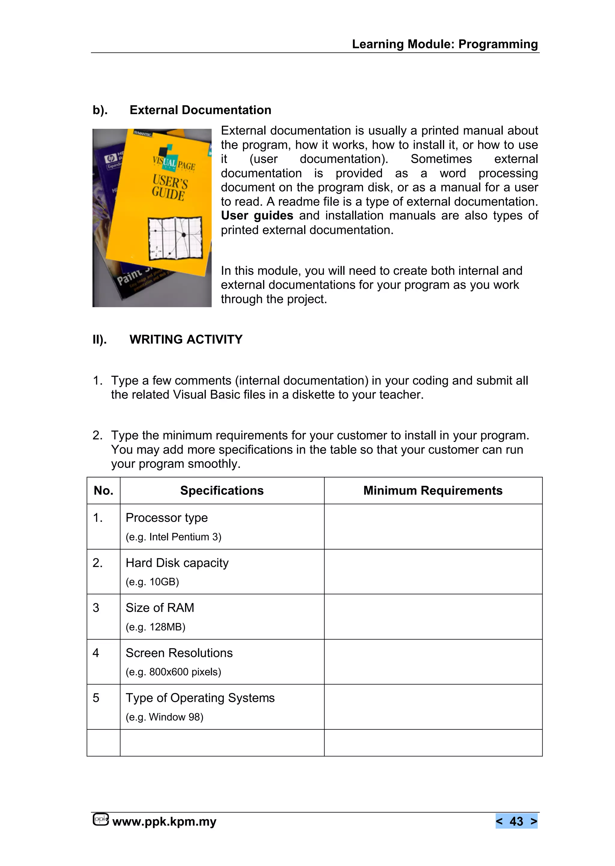 Learning Module: Programming




b).      External Documentation
                             External documentation is usually a printed manual about
                             the program, how it works, how to install it, or how to use
                             it    (user    documentation).       Sometimes     external
                             documentation is provided as a word processing
                             document on the program disk, or as a manual for a user
                             to read. A readme file is a type of external documentation.
                             User guides and installation manuals are also types of
                             printed external documentation.


                             In this module, you will need to create both internal and
                             external documentations for your program as you work
                             through the project.


II).     WRITING ACTIVITY


1. Type a few comments (internal documentation) in your coding and submit all
   the related Visual Basic files in a diskette to your teacher.


2. Type the minimum requirements for your customer to install in your program.
   You may add more specifications in the table so that your customer can run
   your program smoothly.

No.                   Specifications                   Minimum Requirements

1.      Processor type
        (e.g. Intel Pentium 3)

2.      Hard Disk capacity
        (e.g. 10GB)

3       Size of RAM
        (e.g. 128MB)

4       Screen Resolutions
        (e.g. 800x600 pixels)

5       Type of Operating Systems
        (e.g. Window 98)




       www.ppk.kpm.my                                                           < 43 >
 