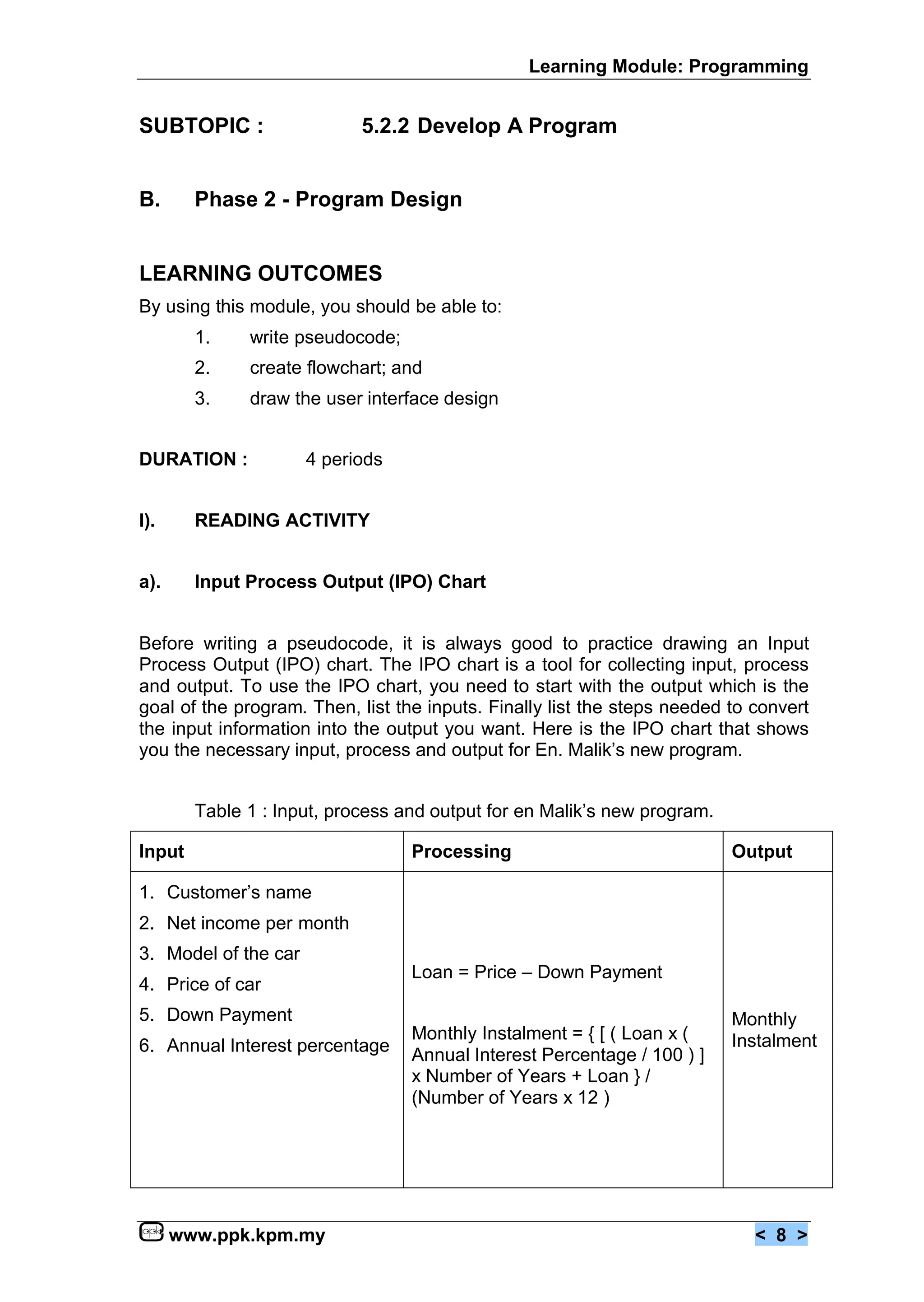 Learning Module: Programming


SUBTOPIC :                  5.2.2 Develop A Program


B.      Phase 2 - Program Design


LEARNING OUTCOMES
By using this module, you should be able to:
        1.    write pseudocode;
        2.    create flowchart; and
        3.    draw the user interface design


DURATION :            4 periods


I).     READING ACTIVITY


a).     Input Process Output (IPO) Chart


Before writing a pseudocode, it is always good to practice drawing an Input
Process Output (IPO) chart. The IPO chart is a tool for collecting input, process
and output. To use the IPO chart, you need to start with the output which is the
goal of the program. Then, list the inputs. Finally list the steps needed to convert
the input information into the output you want. Here is the IPO chart that shows
you the necessary input, process and output for En. Malik’s new program.


        Table 1 : Input, process and output for en Malik’s new program.

Input                             Processing                              Output

1. Customer’s name
2. Net income per month
3. Model of the car
                                  Loan = Price – Down Payment
4. Price of car
5. Down Payment                                                           Monthly
                                  Monthly Instalment = { [ ( Loan x (     Instalment
6. Annual Interest percentage     Annual Interest Percentage / 100 ) ]
                                  x Number of Years + Loan } /
                                  (Number of Years x 12 )




      www.ppk.kpm.my                                                         < 8 >
 