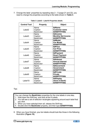 Learning Module: Programming


7. Change the label properties by repeating step 2 – 5 (page 21 and 22), you
   need to change the properties according to the table shown in Table 3.


                     Table 3: Label2 – Label10 Properties details

        Control Tool            Property                      Object
                         Name                       lblName
            Label2       Caption                    Customer name
                         BackColor                  &H00FFFF00&
                         Name                       lblIncome
            Label3       Caption                    Monthly Net Income
                         BackColor                  &H00FFFF00&
                         Name                       lblModel
            Label4       Caption                    Car Model
                         BackColor                  &H00FFFF00&
                         Name                       lblPrice
            Label5       Caption                    Car Price
                         BackColor                  &H00FFFF00&
                         Name                       lblPayment
            Label6       Caption                    Down Payment
                         BackColor                  &H00FFFF00&
                         Name                       lblInterest
            Label7       Caption                    Annual Interest
                         BackColor                  &H00FFFF00&
                         Name                       lblGoverment
            Label8       Caption                    Government
                         BackColor                  &H00FFFF00&
                         Name                       lblPrivate
            Label9       Caption                    Private
                         BackColor                  &H00FFFF00&
                         Name                       lblDisplay
           Label10       Caption                    (leave it blank)
                         BackColor                  &H00FFFF00&


Tips


 You can change the BackColor properties for the nine labels in one step.
 1. Hold down the Shift key, and click al the 9 Labels
 2. You will see a set of selection rectangles appearing around each label that
    you click.
 3. When you have selected them all, release the Shift key.
 4. Double-click the BackColor property, and then type &H00FFFF00&.


8. When you have finished, your ten labels should look like those in the following
   illustration (Figure 10).


   www.ppk.kpm.my                                                         < 23 >
 
