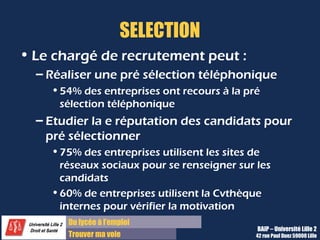 Du lycée à l’emploi
Trouver ma voie
SELECTION
• Le chargé de recrutement peut :
– Réaliser une pré sélection téléphonique
•54% des entreprises ont recours à la pré
sélection téléphonique
– Etudier la e réputation des candidats pour
pré sélectionner
•75% des entreprises utilisent les sites de
réseaux sociaux pour se renseigner sur les
candidats
•60% de entreprises utilisent la Cvthèque
internes pour vérifier la motivation
BAIP – Université Lille 2
42 rue Paul Duez 59000 Lille
 