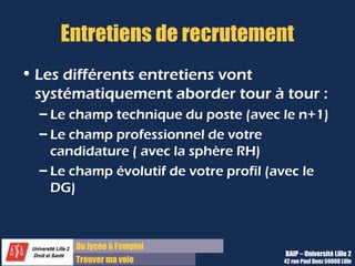 Du lycée à l’emploi
Trouver ma voie
Entretiens de recrutement
• Les différents entretiens vont
systématiquement aborder tour à tour :
– Le champ technique du poste (avec le n+1)
– Le champ professionnel de votre
candidature ( avec la sphère RH)
– Le champ évolutif de votre profil (avec le
DG)
BAIP – Université Lille 2
42 rue Paul Duez 59000 Lille
 