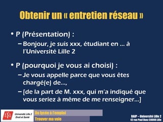 Du lycée à l’emploi
Trouver ma voie
Obtenir un « entretien réseau »
• P (Présentation) :
– Bonjour, je suis xxx, étudiant en … à
l’Université Lille 2
• P (pourquoi je vous ai choisi) :
– Je vous appelle parce que vous êtes
chargé(e) de…,
– [de la part de M. xxx, qui m’a indiqué que
vous seriez à même de me renseigner…]
BAIP – Université Lille 2
42 rue Paul Duez 59000 Lille
 