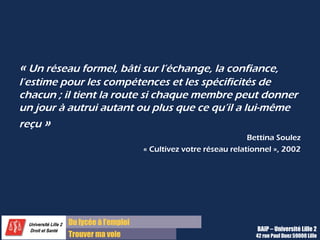 Du lycée à l’emploi
Trouver ma voie
« Un réseau formel, bâti sur l’échange, la confiance,
l’estime pour les compétences et les spécificités de
chacun ; il tient la route si chaque membre peut donner
un jour à autrui autant ou plus que ce qu’il a lui-même
reçu »
Bettina Soulez
« Cultivez votre réseau relationnel », 2002
BAIP – Université Lille 2
42 rue Paul Duez 59000 Lille
 