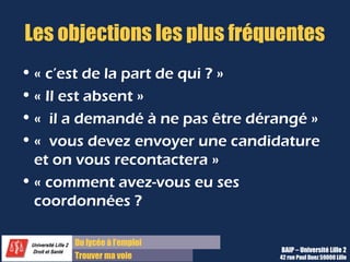 Du lycée à l’emploi
Trouver ma voie
Les objections les plus fréquentes
• « c’est de la part de qui ? »
• « Il est absent »
• «  il a demandé à ne pas être dérangé »
• «  vous devez envoyer une candidature
et on vous recontactera »
• « comment avez-vous eu ses
coordonnées ?
BAIP – Université Lille 2
42 rue Paul Duez 59000 Lille
 